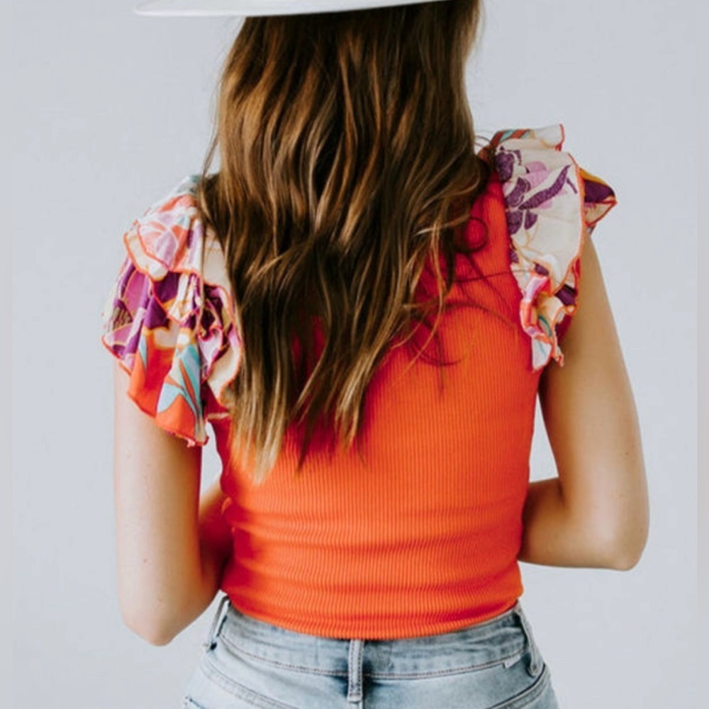 Vibrant Orange Ruffle Sleeve Top - Picture 3 of 16